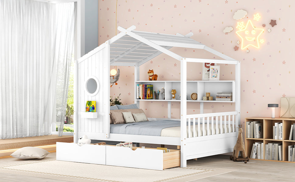 Wooden Full Size House Bed with 2 Drawers,Kids Bed with Storage Shelf, White(Old SKU: HL000052AAK)
