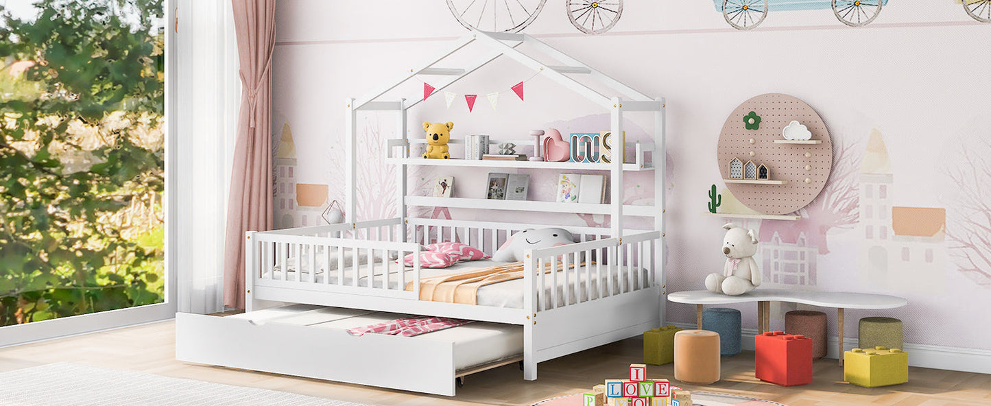 Wooden Full Size House Bed with Twin Size Trundle,Kids Bed with Shelf, White(Old SKU:WF301683AAK)