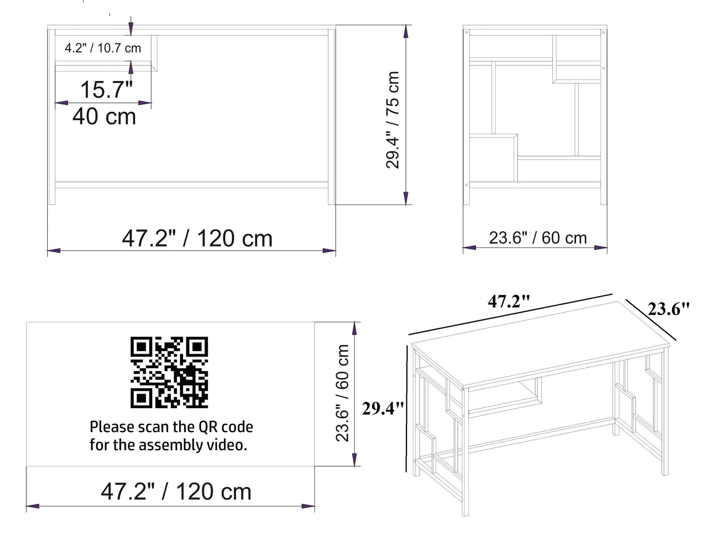 Victory 47'' Wide Metal Engineered Wood Computer Desk with Shelf