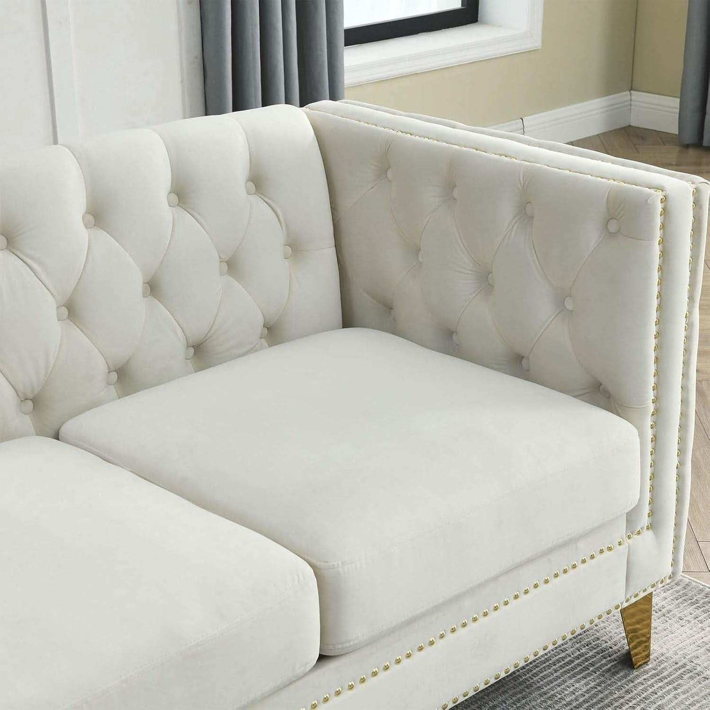 Velvet Beige 80-Inch Sofa Set With 58-Inch Loveseat And Gold Nail Heads