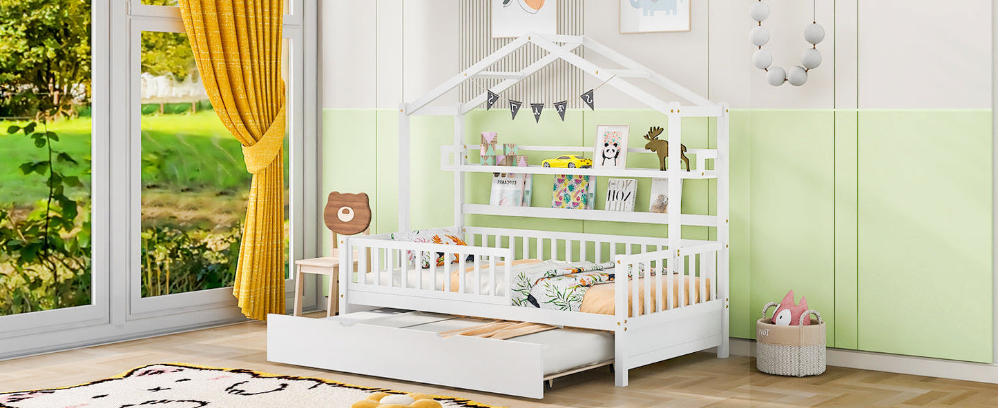 Wooden Twin Size House Bed with Trundle,Kids Bed with Shelf, White(Old SKU:WF301682AAK)