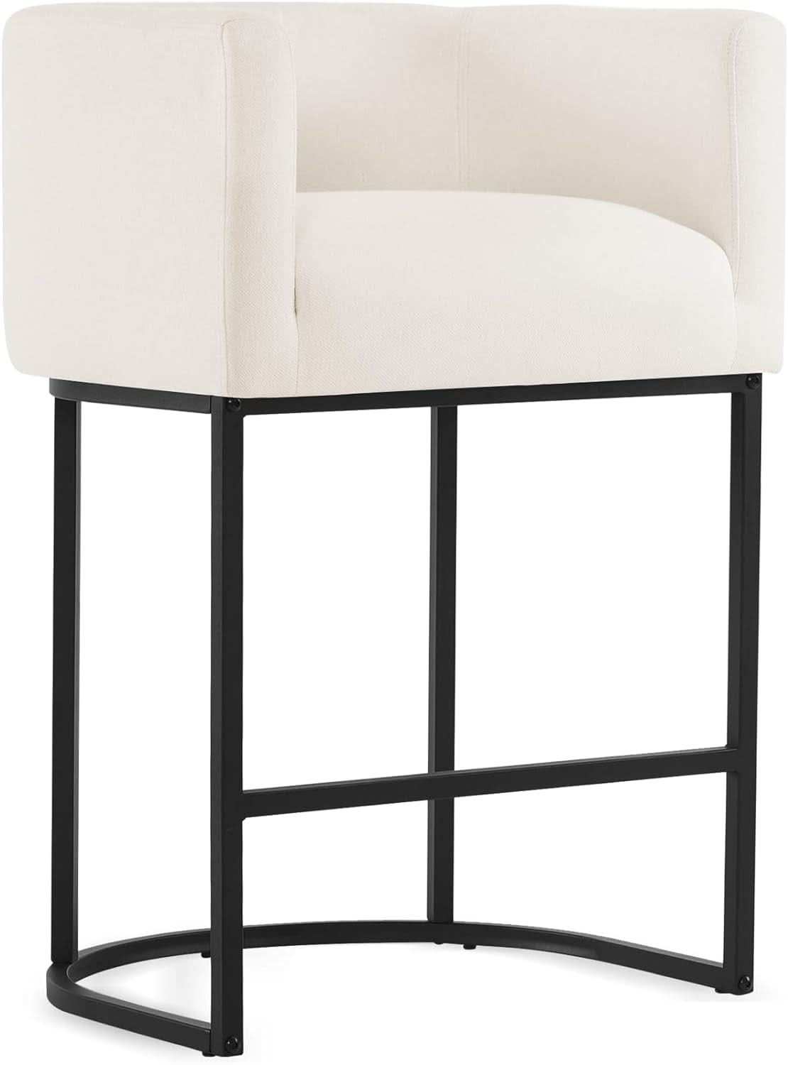 27 Inch Counter Height Bar Stools Set Of 4 With Backrest And Armrests Beige Linen Upholstery Black Metal Frame