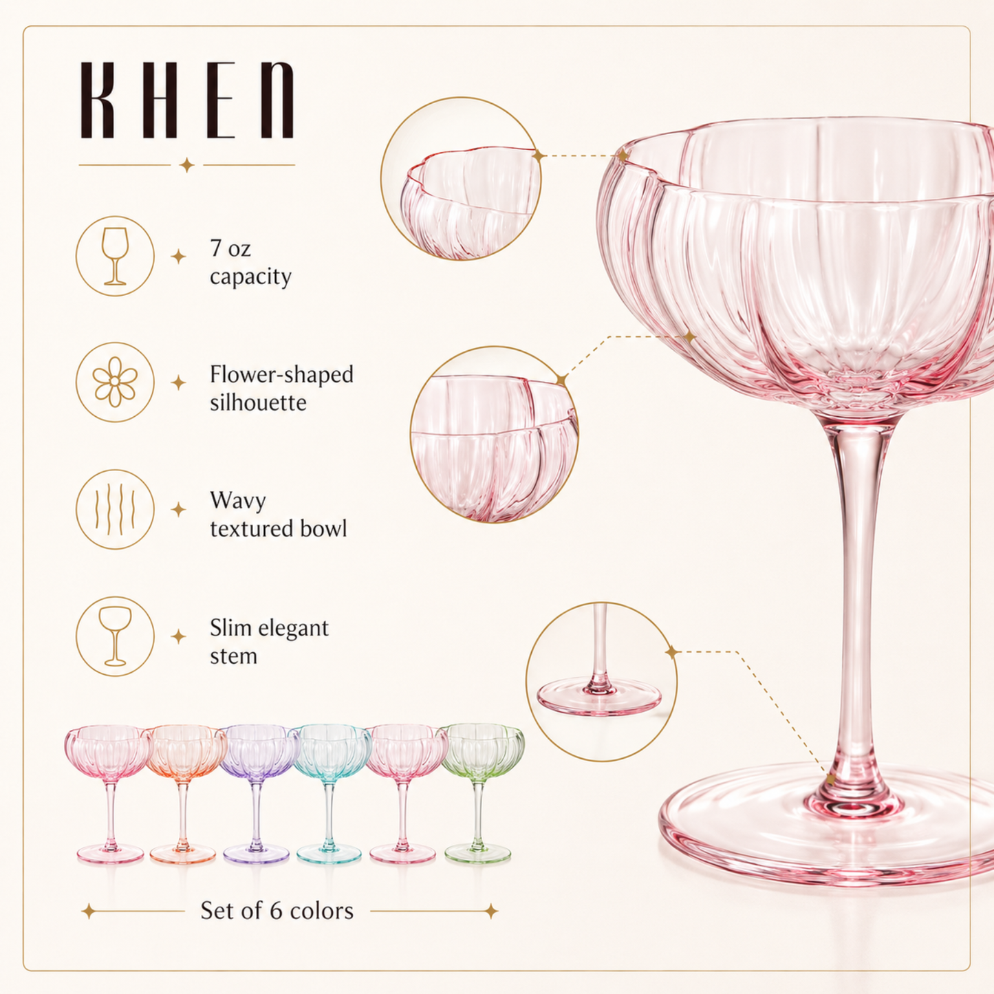 Flower Coupe Cocktail Glasses | Set of 6 | Bright Colors