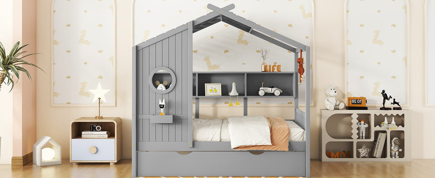 Wooden Twin Size House Bed With Trundle, Modern Design for Kids with Storage Shlef, Gray(old SKU HL000094AAE)