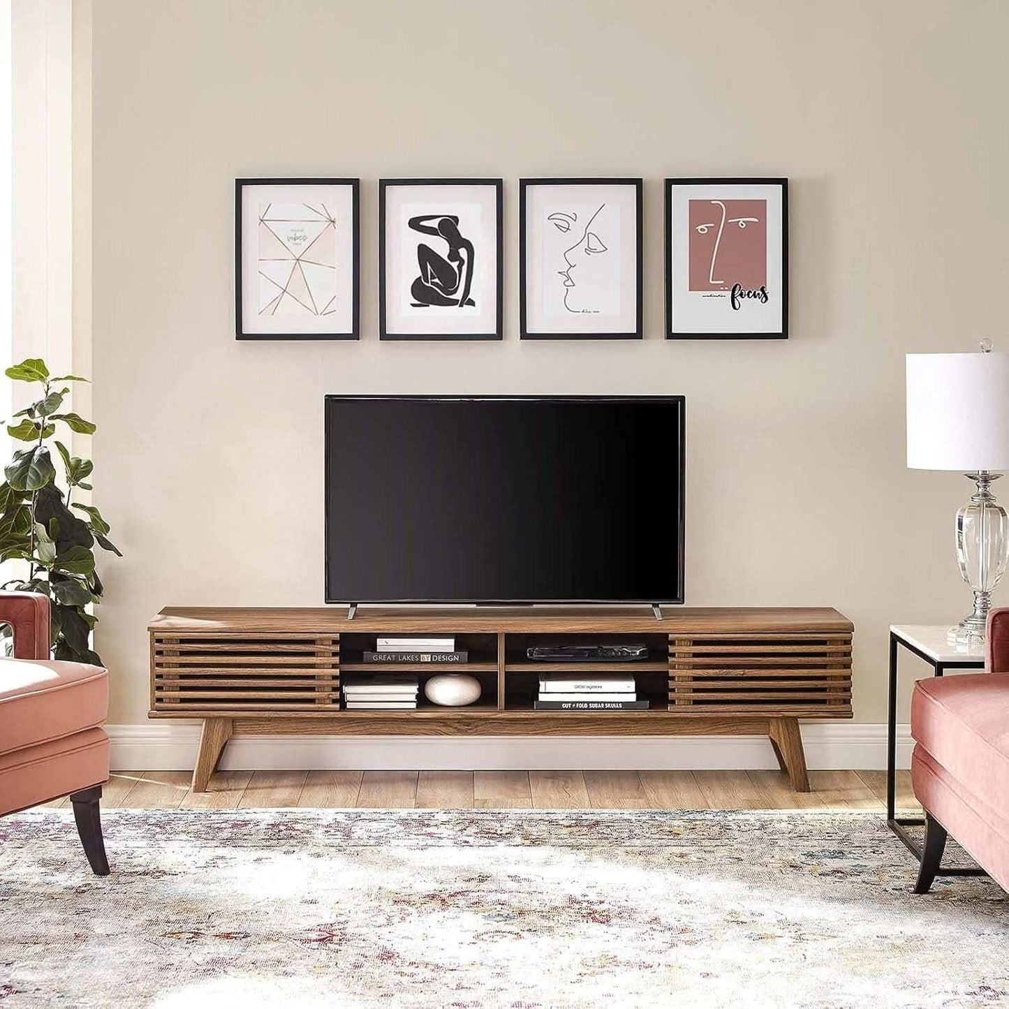 70 Inch Mid Century Modern Walnut TV Stand Console