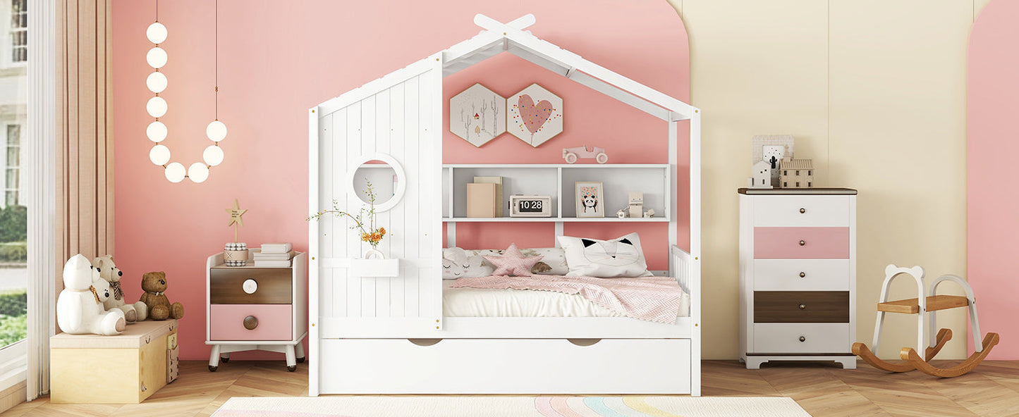 Wooden Twin Size House Bed With Trundle, Modern Design for Kids with Storage Shlef, White(old SKU HL000094AAK)