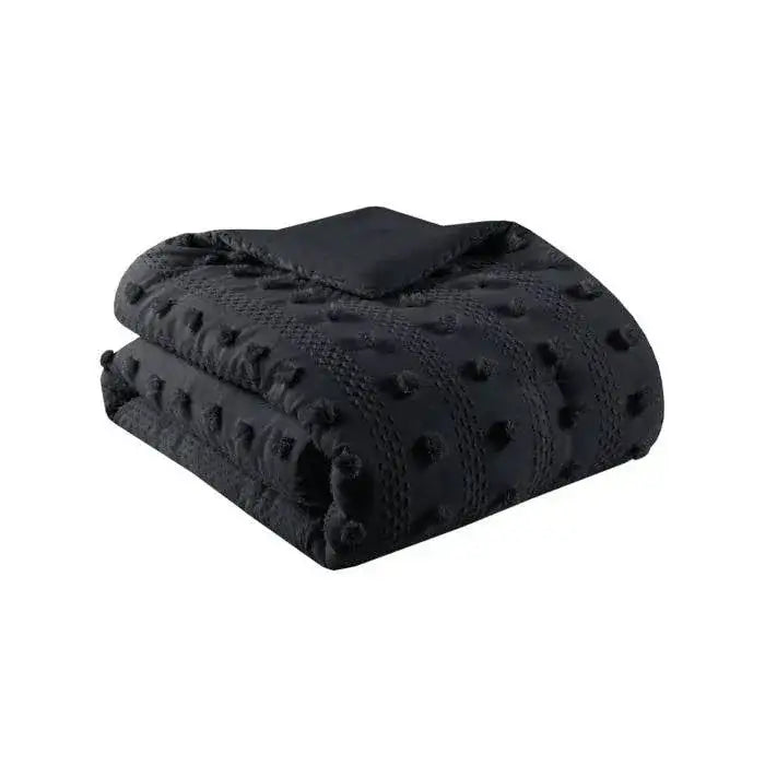 Full/Queen 3 Piece Pompom Microfiber Hypoallergenic Comforter Set in Black