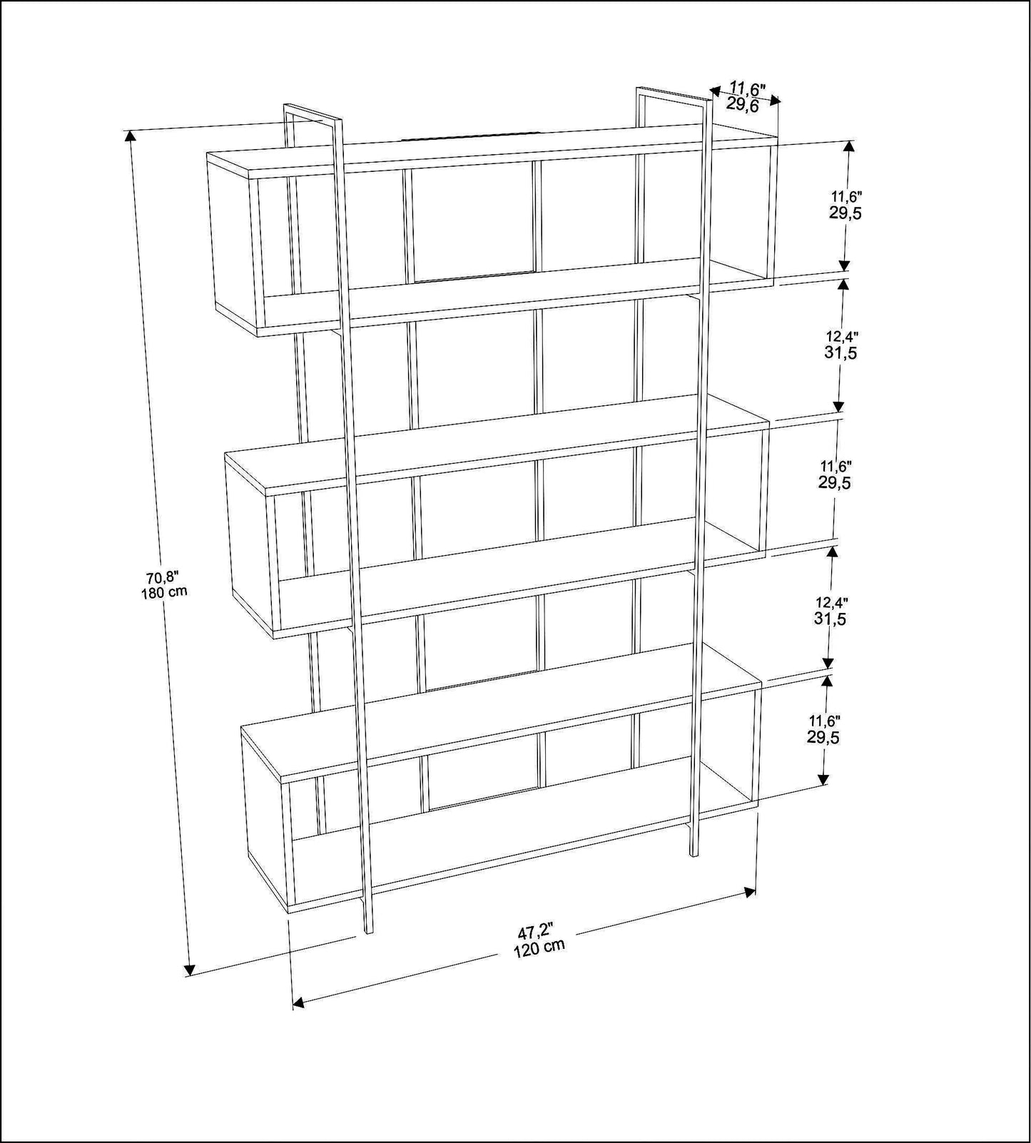 Bruti 71" Tall Geometric Metal Wood Bookcase | Bookshelf | Display Unit