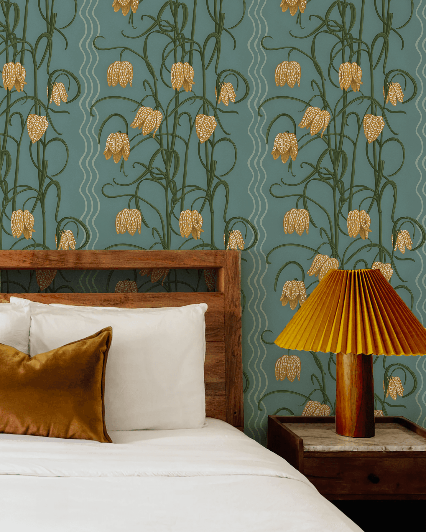 Campanas Wallpaper, dusty blue and marigold