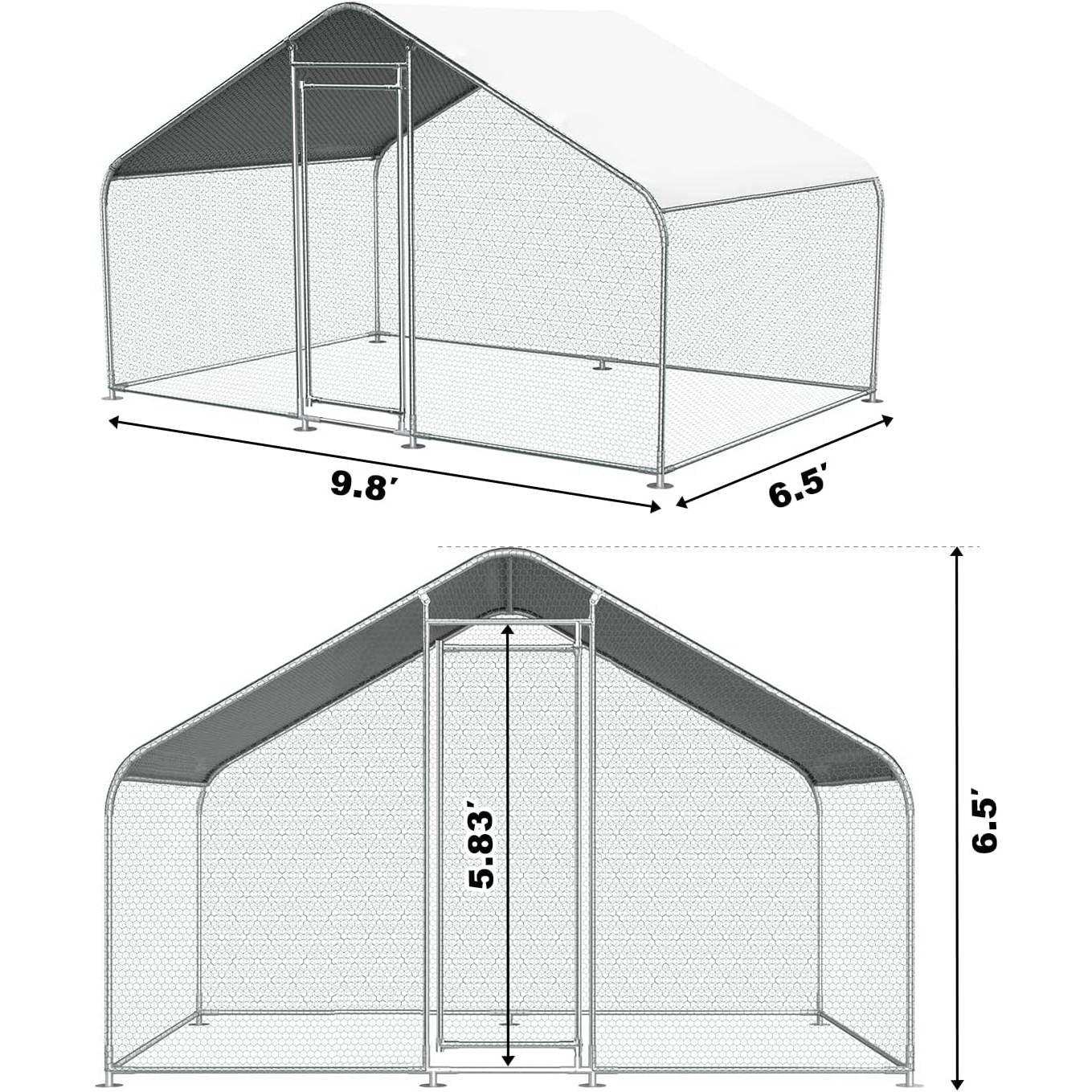 9.8 Ft x 6.5 Ft. Large Metal Outdoor Walk-in Chicken Coop with Waterproof Cover