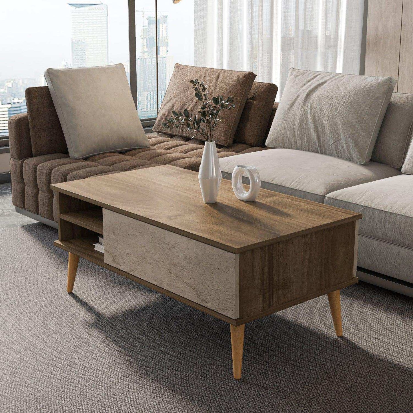 Como 47" Modern Coffee Table with Hidden Compartment and Open Shelves