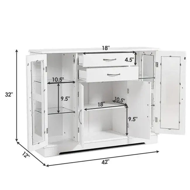 White Wood Buffet Sideboard Cabinet with Glass Display Doors