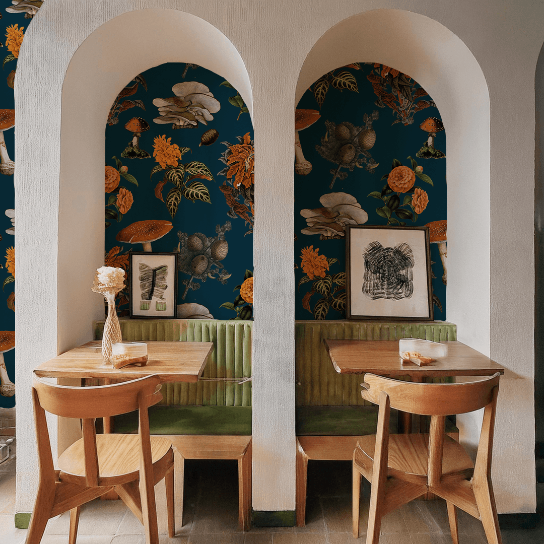 Shrooms Wallpaper, navy and orange