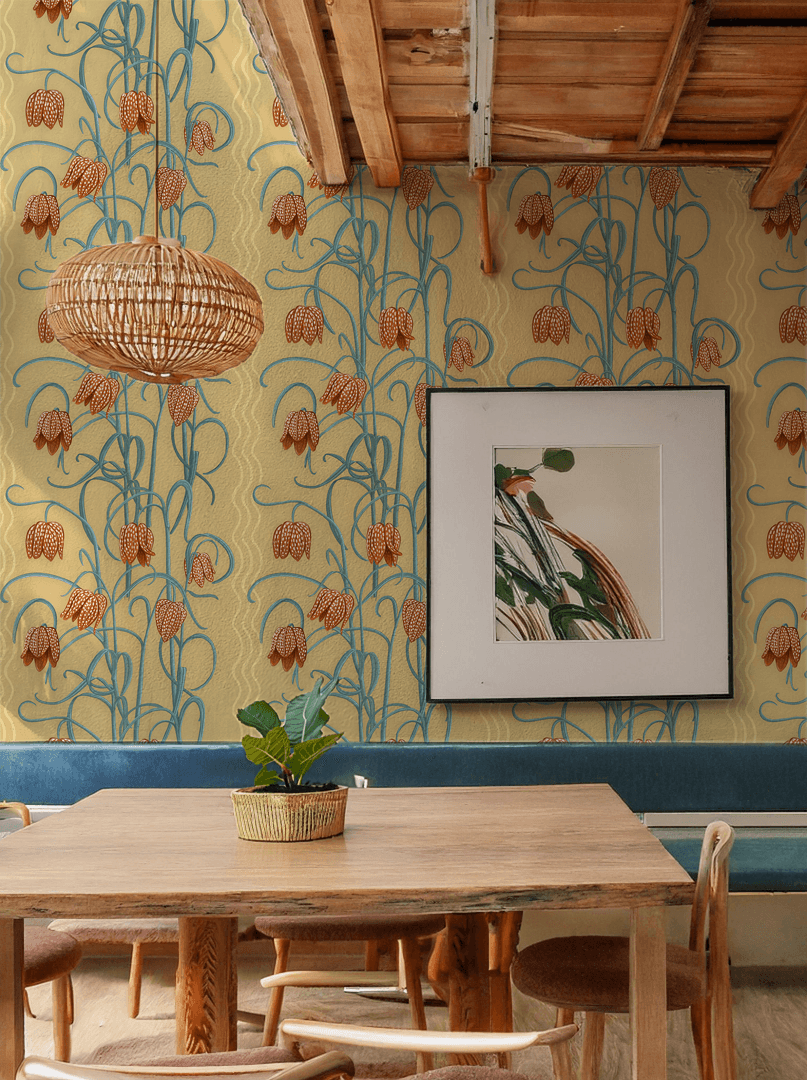 Campanas Wallpaper, butter yellow and slate blue