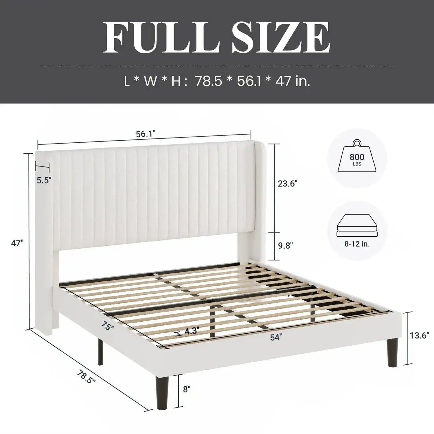 Full size White Velvet Upholstered Platform Bed Frame with Wingback Headboard