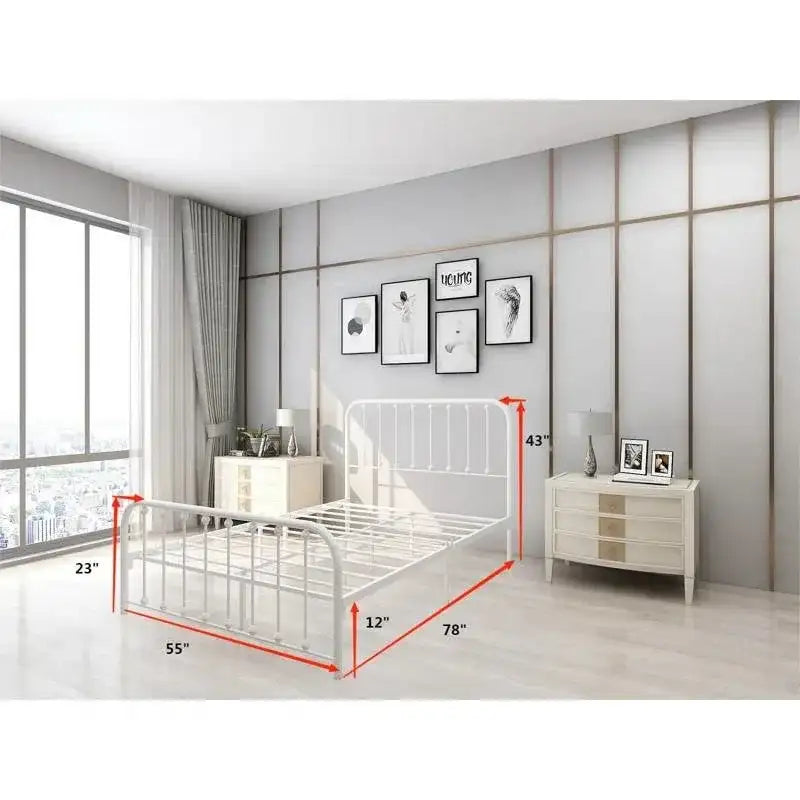 Full size Classic White Metal Bed Frame with Slatted Headboard and Footboard