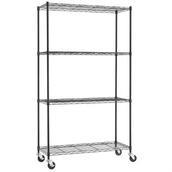 Heavy Duty Black Steel 4-Tier Shelving Unit with Locking Casters