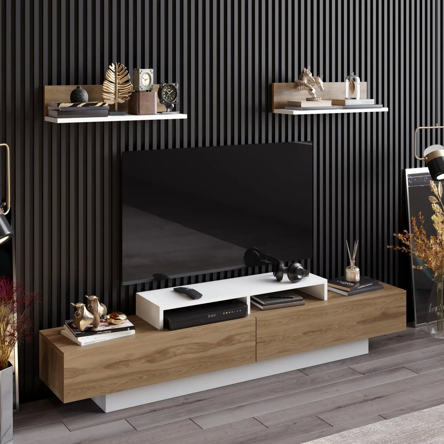 Lusi 71" Wide TV Stand for TVs up to 80" with 2 Wall Shelves