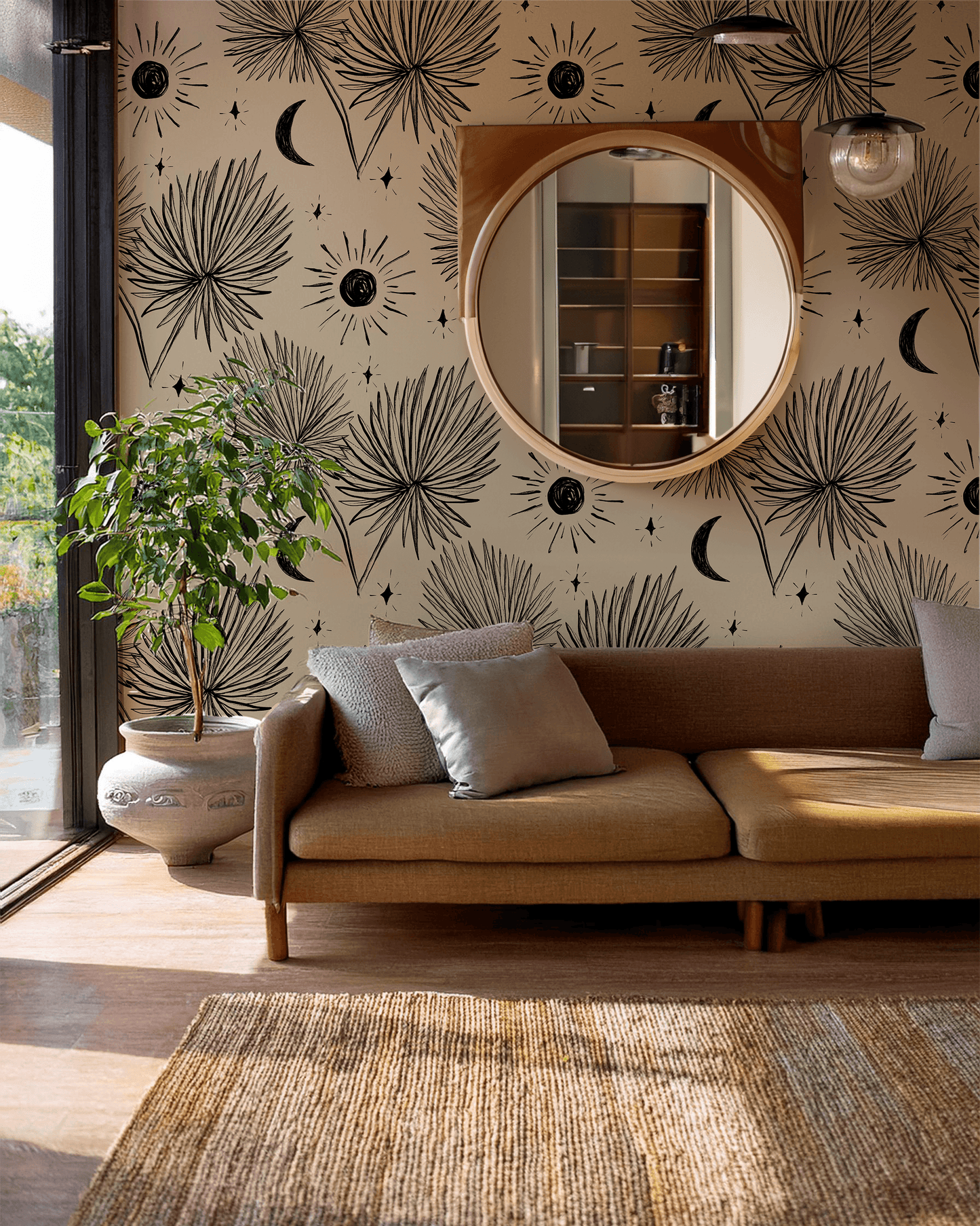 Night Palm Wallpaper, tan and black
