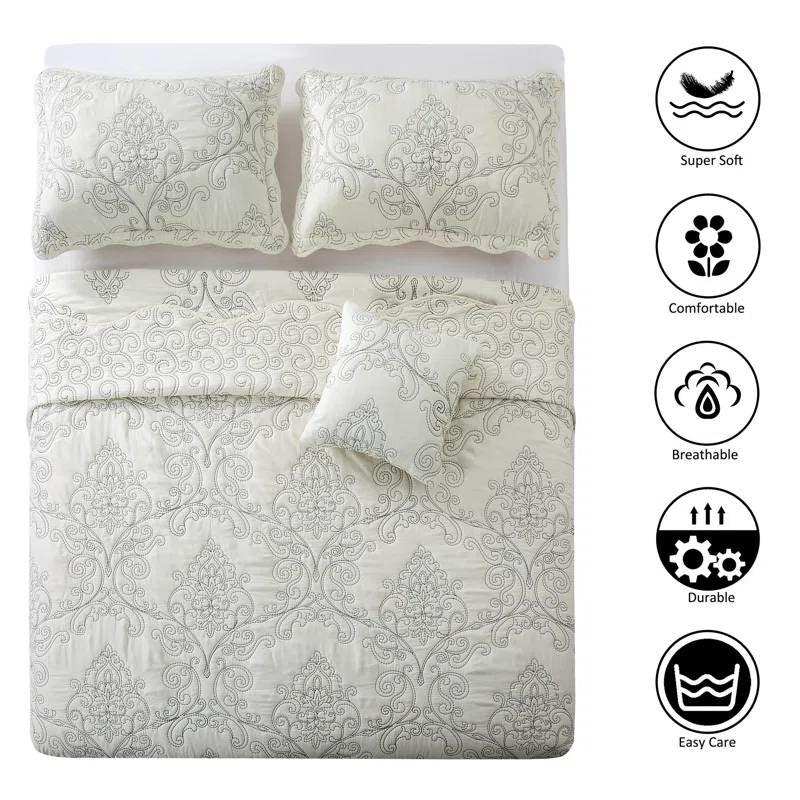 Queen size Antique White Damask Embroidered 4 Piece Oversized Bedspread Set