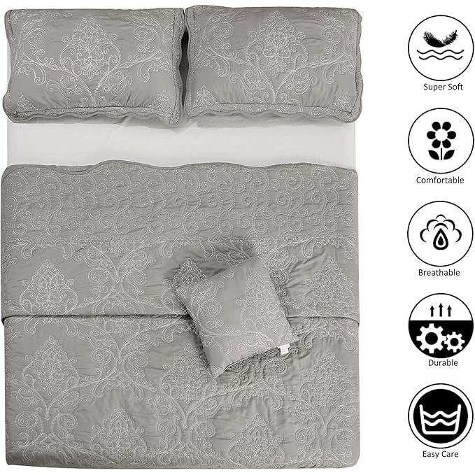 Queen size Ash Grey Damask Embroidered 4 Piece Oversized Bedspread Set
