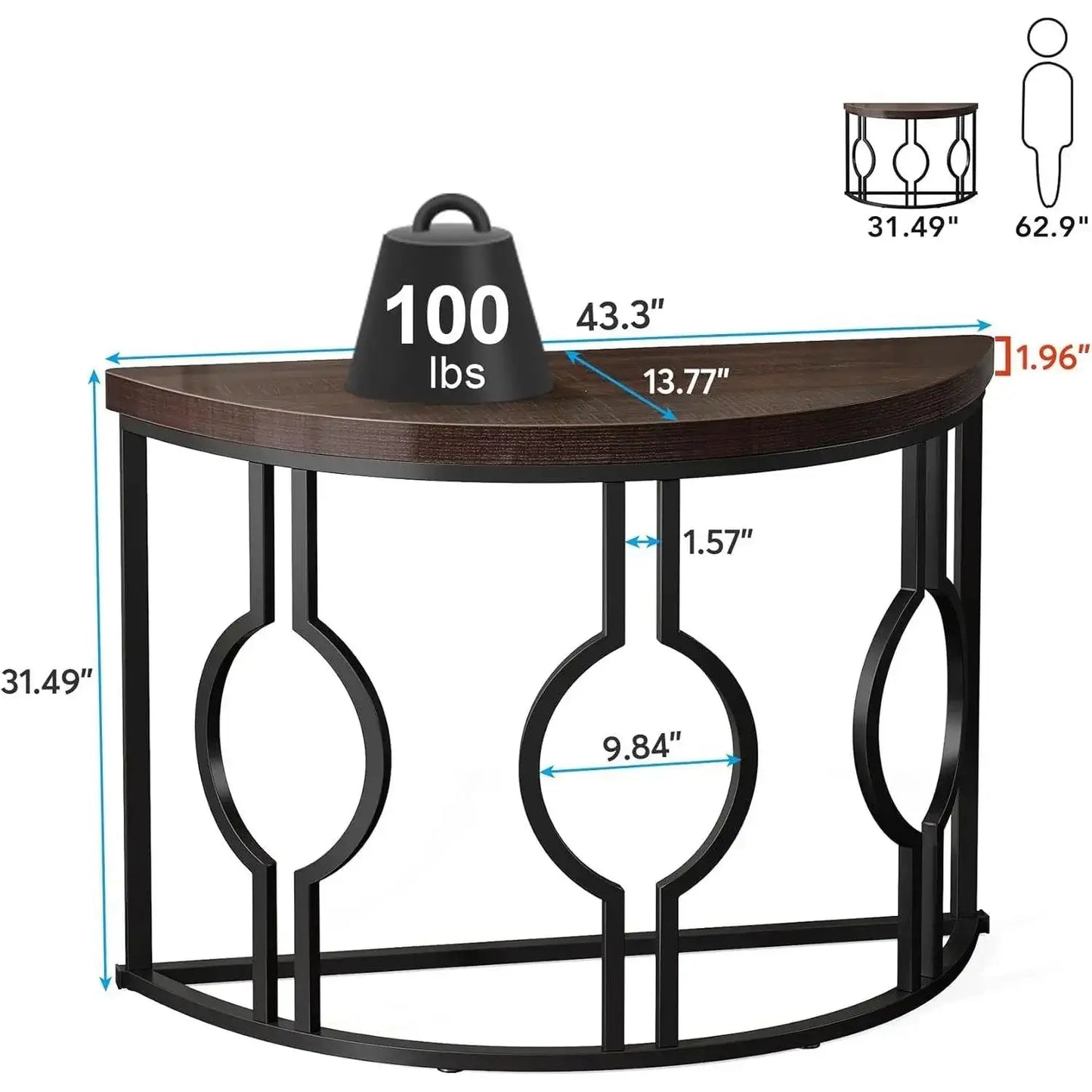 Modern 43-inch Half Moon Accent Console Table with Brown Wood Top Black Frame