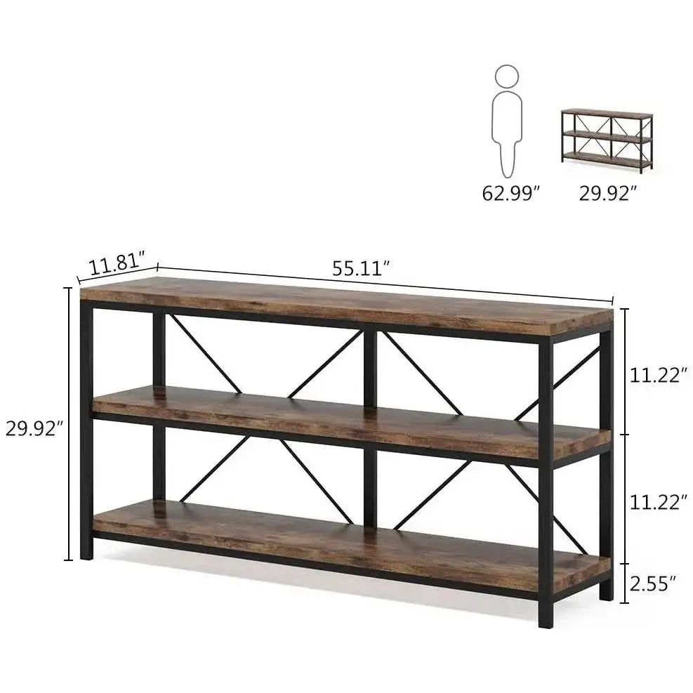 Industrial 55-inch Wood Shelf Console Sofa Table with Sturdy Black Metal Frame