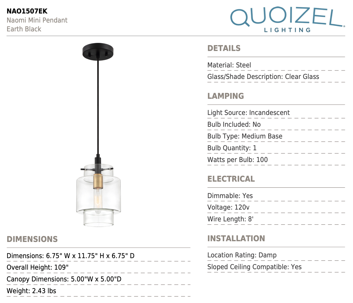 Naomi 1-Light Mini Pendant by Quoizel