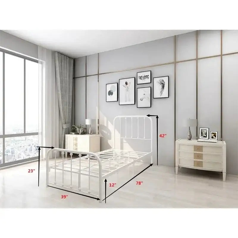 Twin White Metal Bed Frame with Slatted Rounded Corners Headboard and Footboard