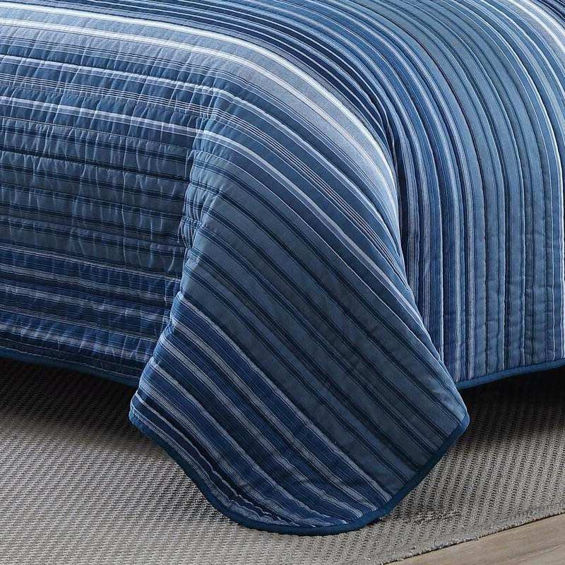 Twin Size Coastal Blue Stripe Reversible Cotton Quilt Set