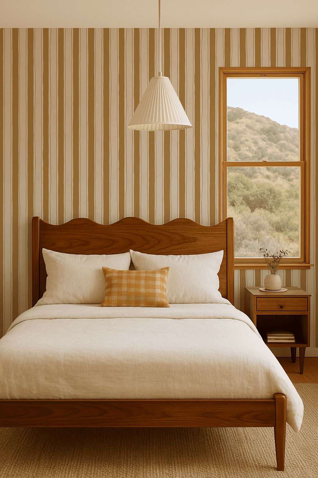 Riviera Stripe Wallpaper, off-white and mustard yellow