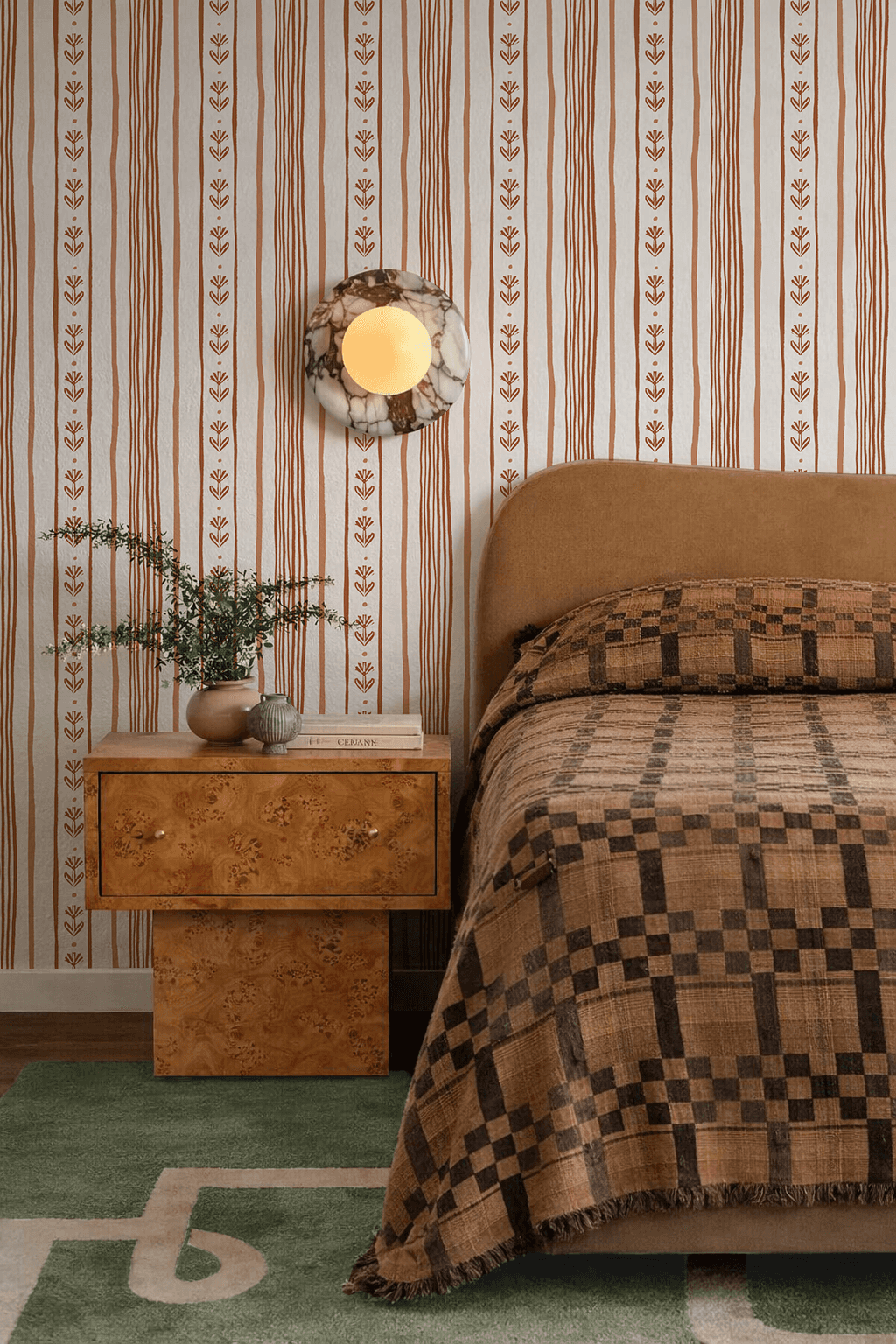 Daisy Chain Stripe Wallpaper, beige and terra cotta