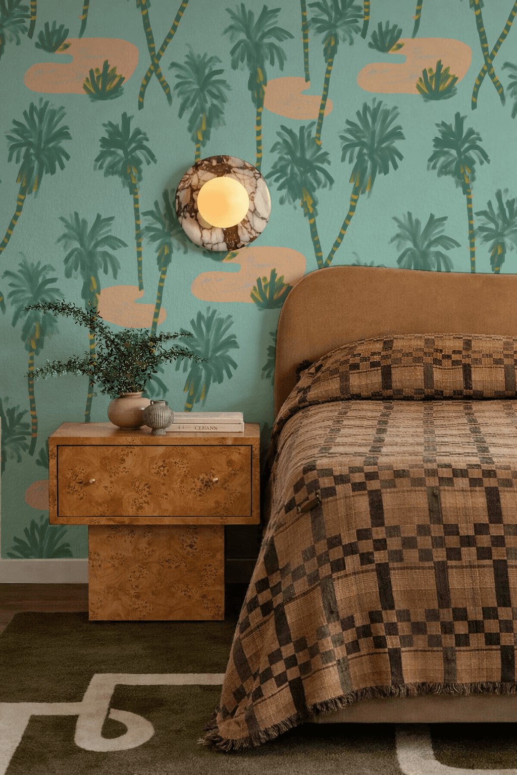 Palm Oasis Wallpaper, teal and peach