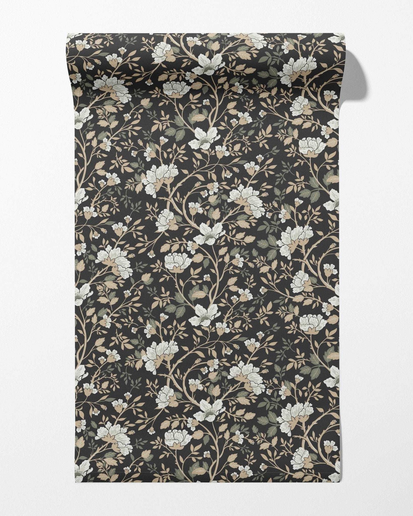 Camellia Study Wallpaper in Coal Cream Olive
