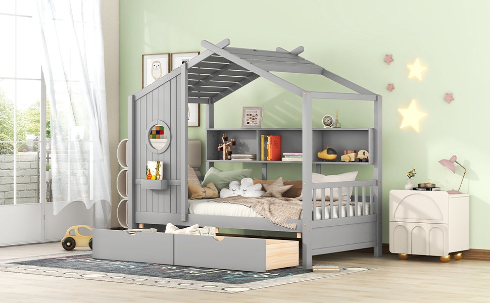 Wooden Twin Size House Bed with 2 Drawers,Kids Bed with Storage Shelf, Gray(Old SKU: HL000051AAE)