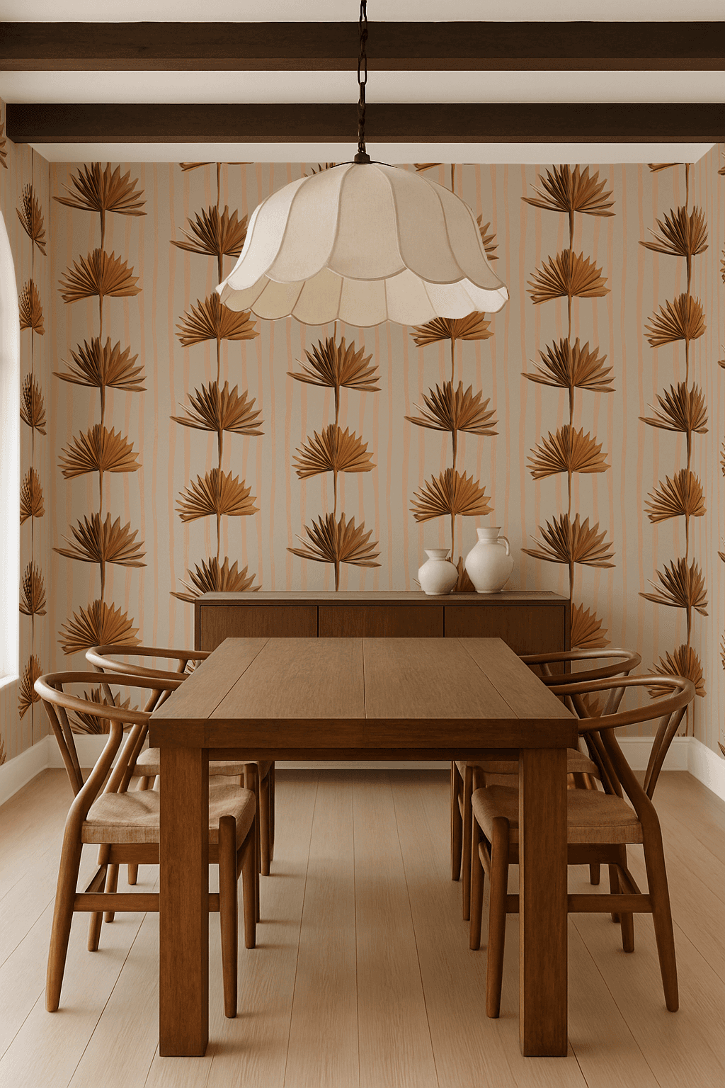 Stripey Palm Wallpaper, neutral peach and mustard