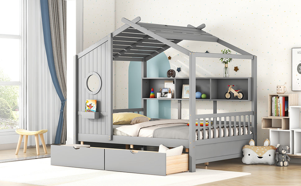Wooden Full Size House Bed with 2 Drawers,Kids Bed with Storage Shelf, Gray(Old SKU: HL000052AAE)