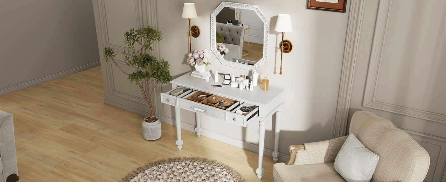 Retro Makeup Desk with Large Mirror, 3-Drawer Dressing Table for Jewelry Storage, Elegant Console Table for Bedroom, Living Room, Hallway & Foyer,White