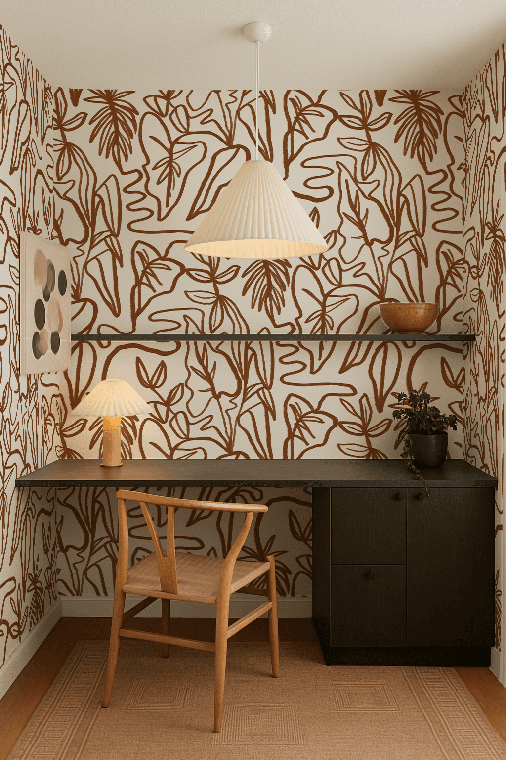 Inked Foliage Wallpaper, white and rust