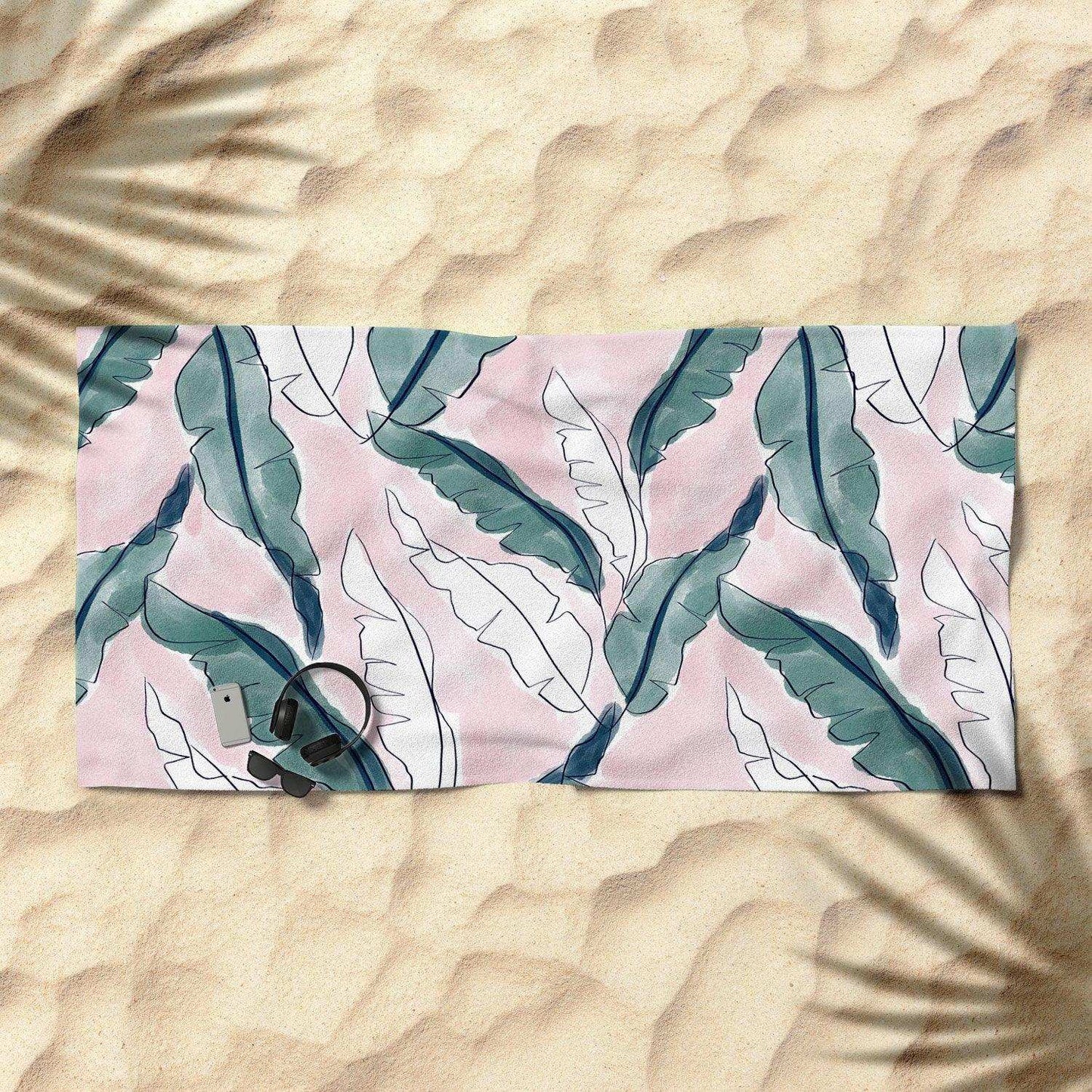 Banana Leaves Pink Beach Towel
