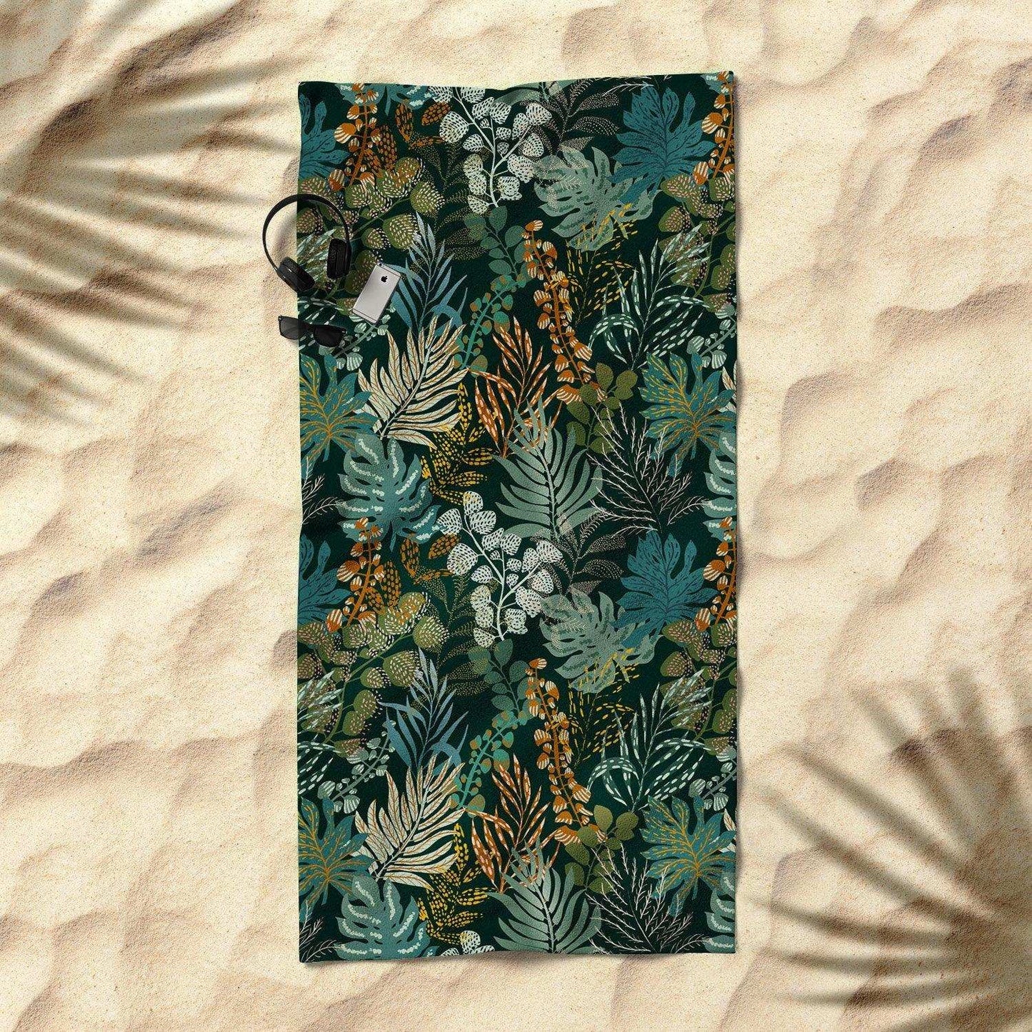 Tropical Night Emerald Leaves Beach Towel