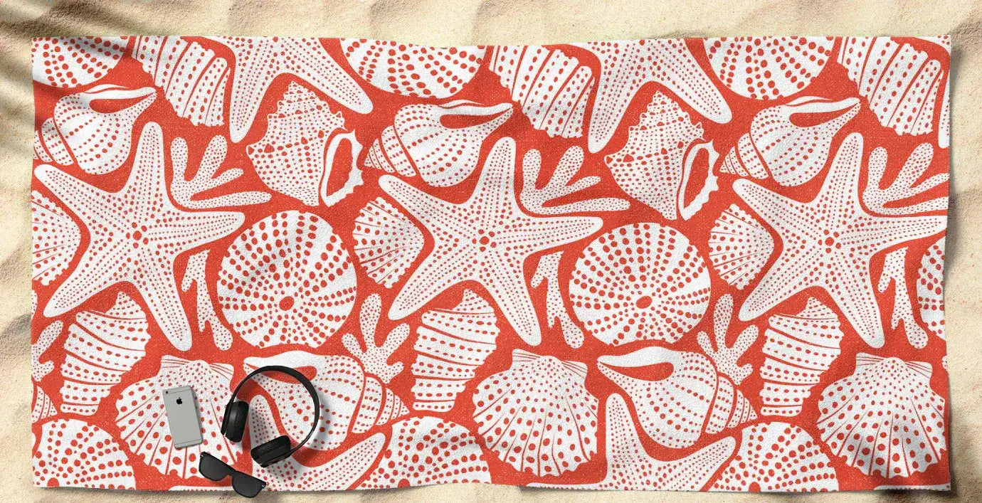 Ocean Floor Nautical Shells Red Beach Towel