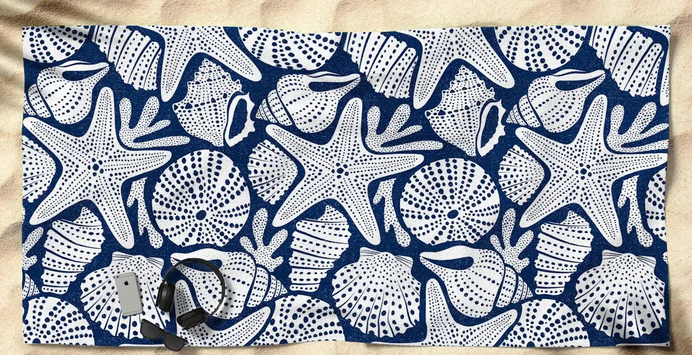 Ocean Floor Nautical Shells Navy Beach Towel
