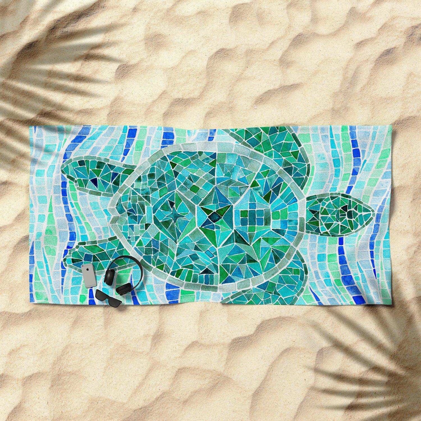 Mosaic Watercolor Sea Turtle Beach Towel
