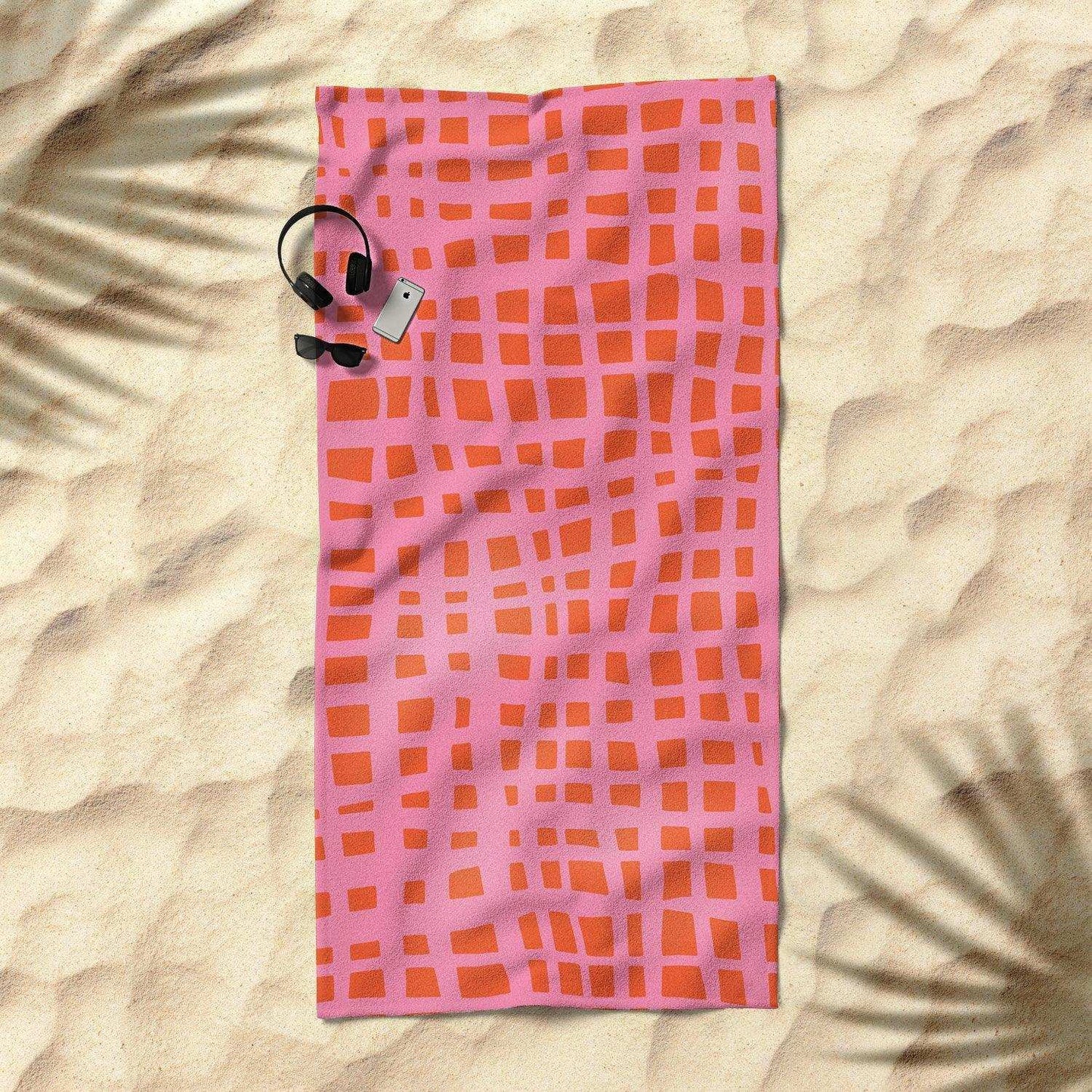 Retro Grid Orange and Pink Beach Towel
