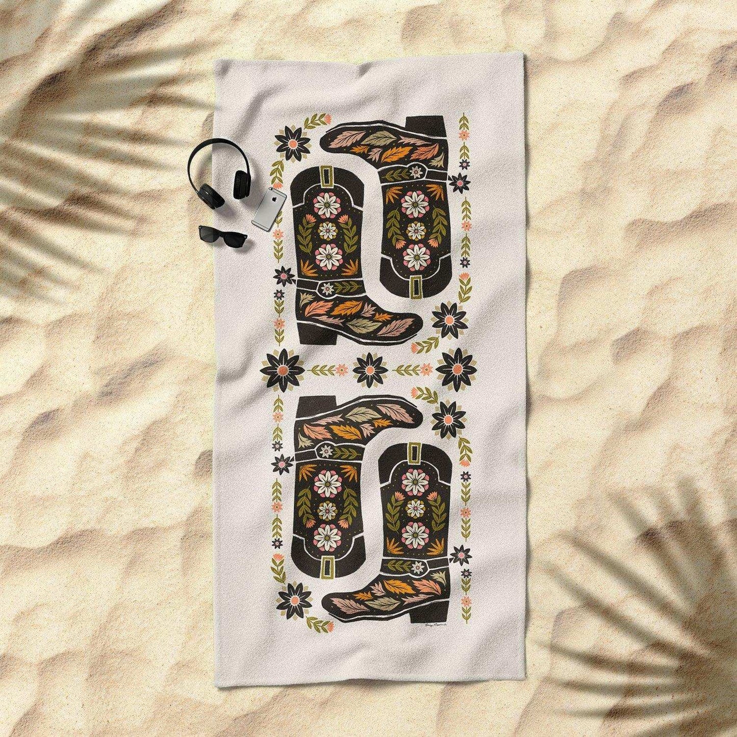 Cowboy Boots and Flowers Beach Towel