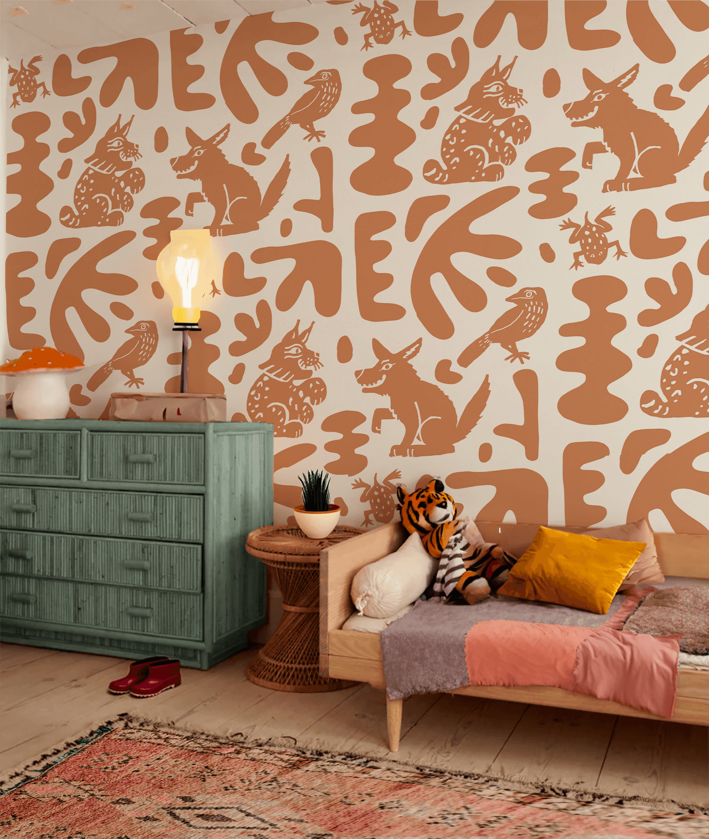 Abstract Animales Wallpaper, white and terra cotta