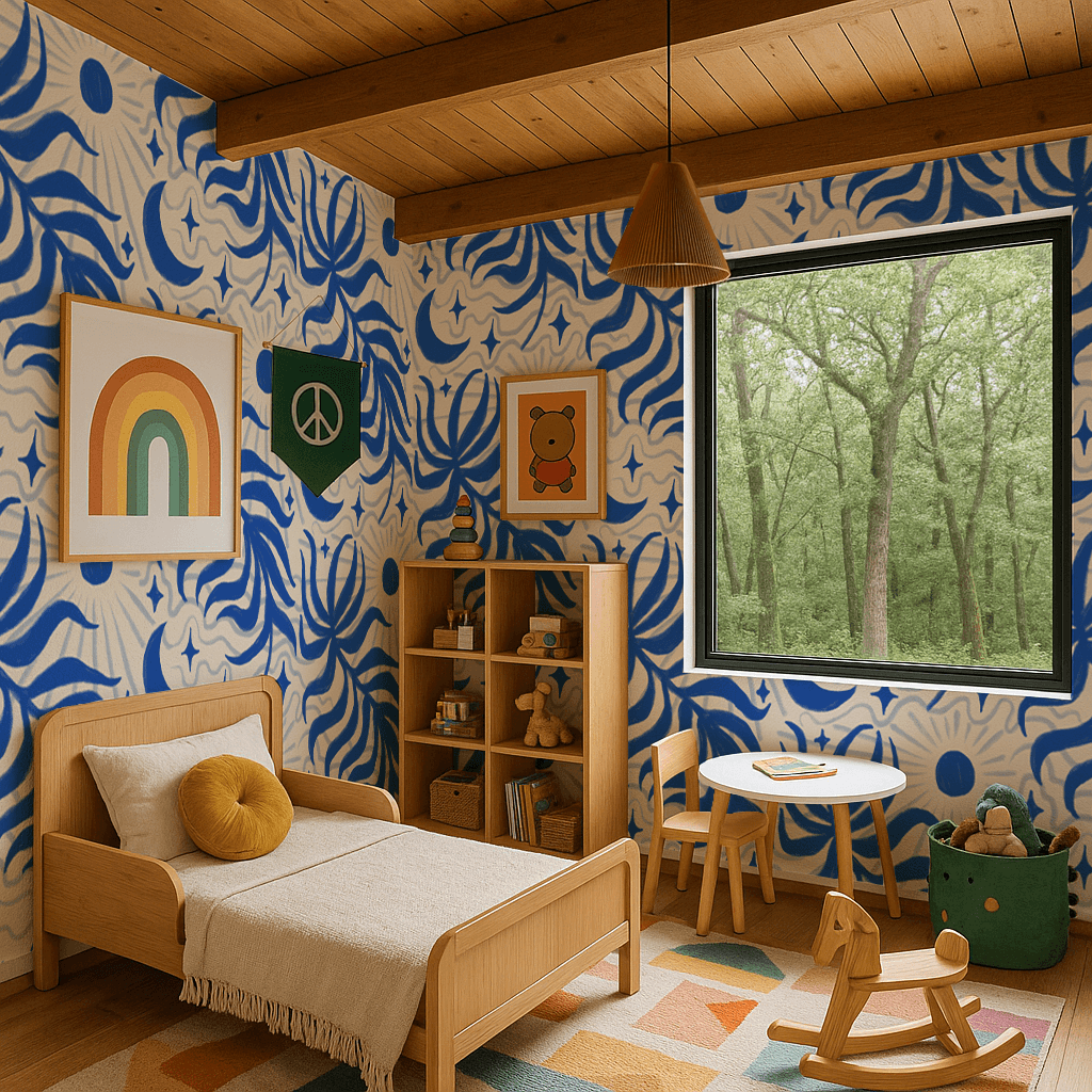 Lunar Leaf Wallpaper, beige and blue