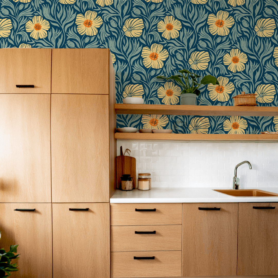 Matilija Wallpaper, navy, orange and mint