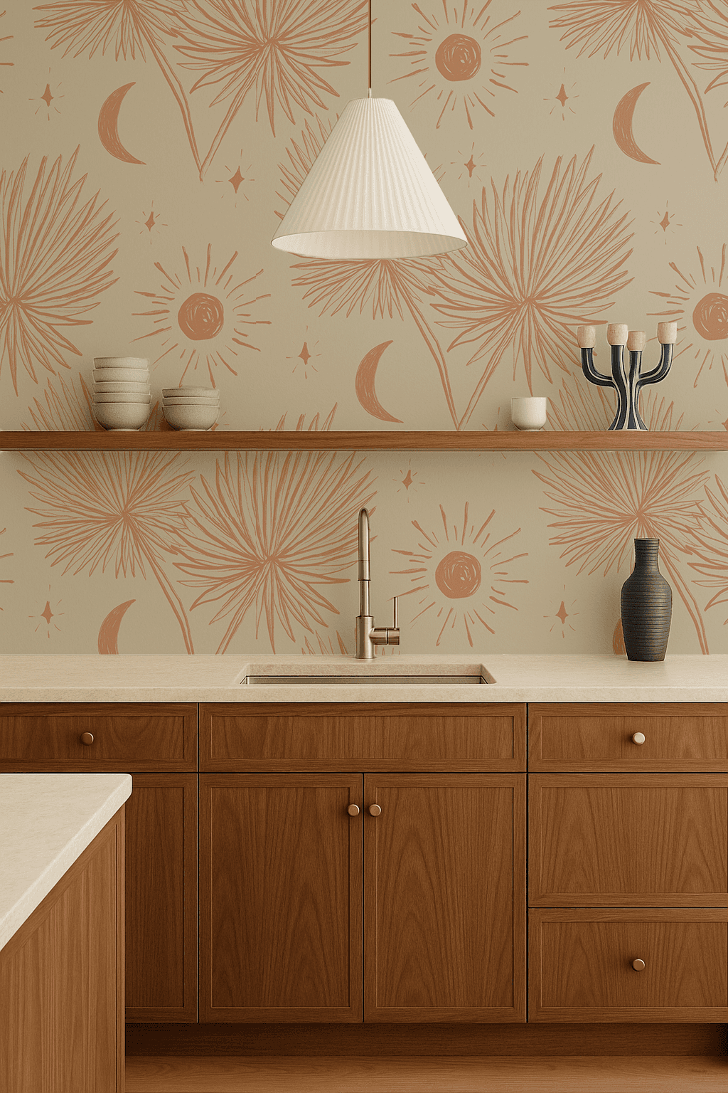 Night Palm Wallpaper, tan and terra cotta